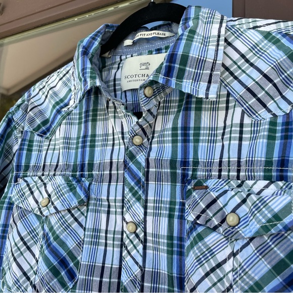 Scotch & Soda Western White/Blue/Green Plaid Full-Snap Scrunched Sleeve Shirt L - Picture 3 of 12